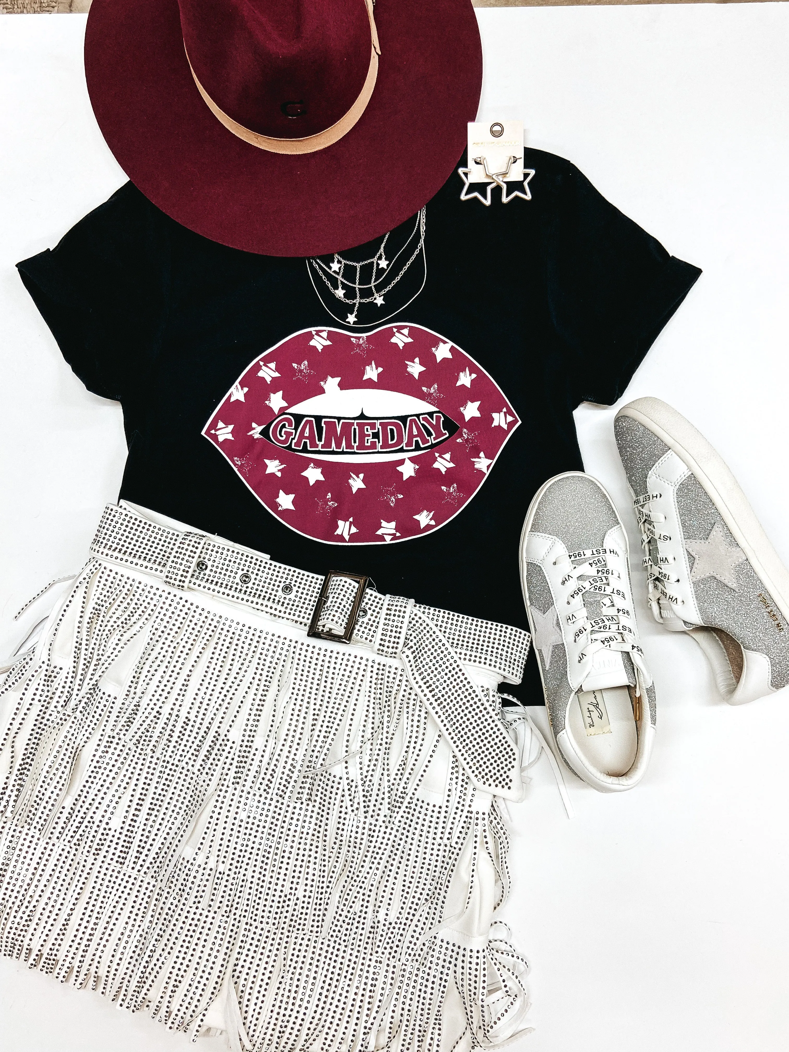 Aggie Game Day | Gameday Lips and Stars Short Sleeve Graphic Tee Shirt in Black