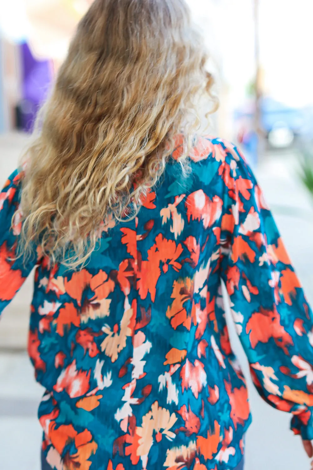 All I Ask Teal Floral Abstract Print V Neck Smocked Top