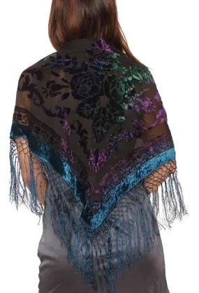 Amphitrite Blue-Purple-Green Velvet Floral Burnout Triangle Shawl