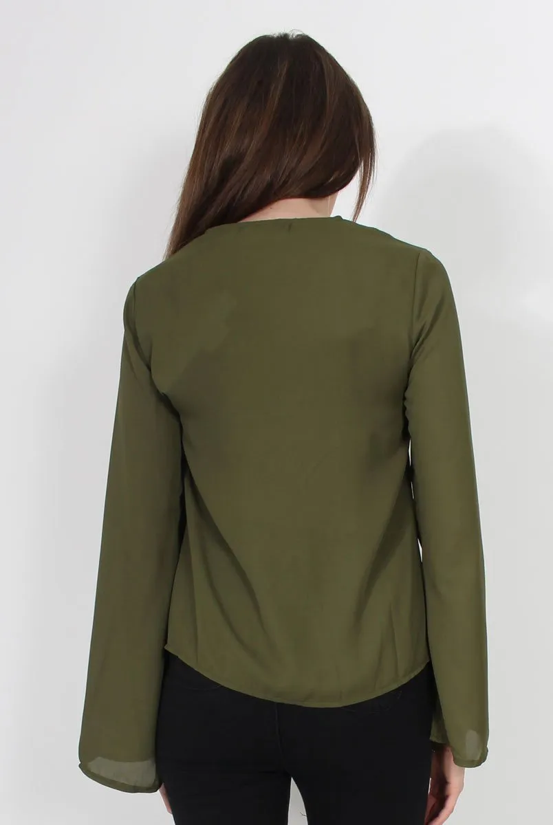 Andrea Khaki Long Sleeve Tie Top