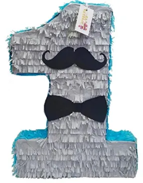 APINATA4U Gray & Blue Little Man First Birthday Pinata Mustache & Bowtie