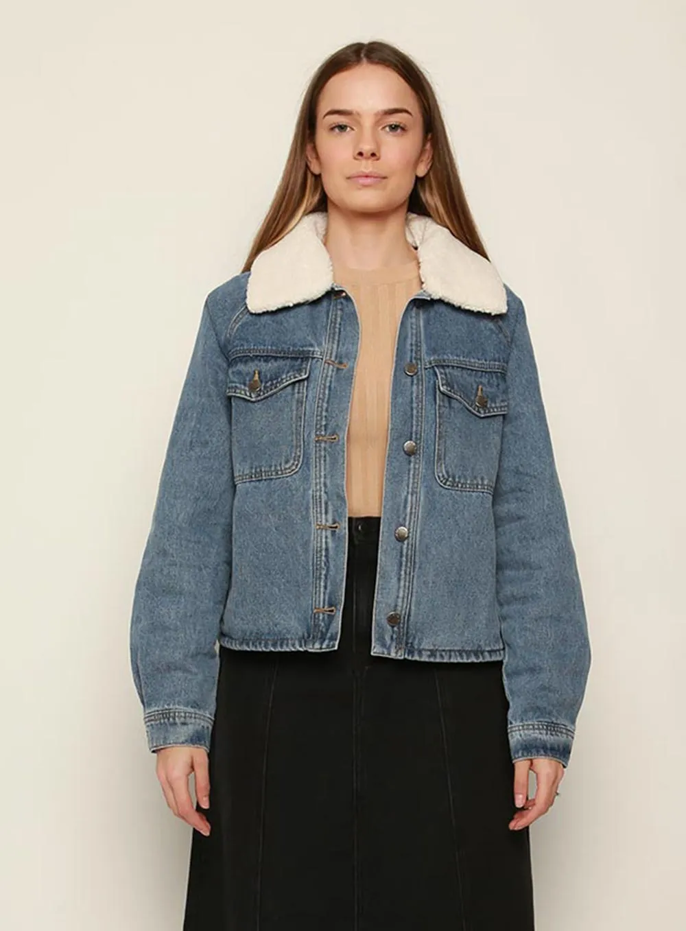 Ava Sherpa Denim Jacket-Mid Blue