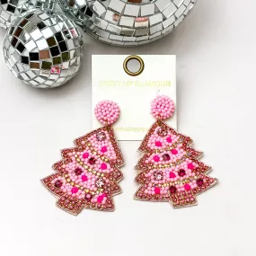 Beaded Christmas Tree Earrings with a Pink Crystal Outline in a Pink Mix