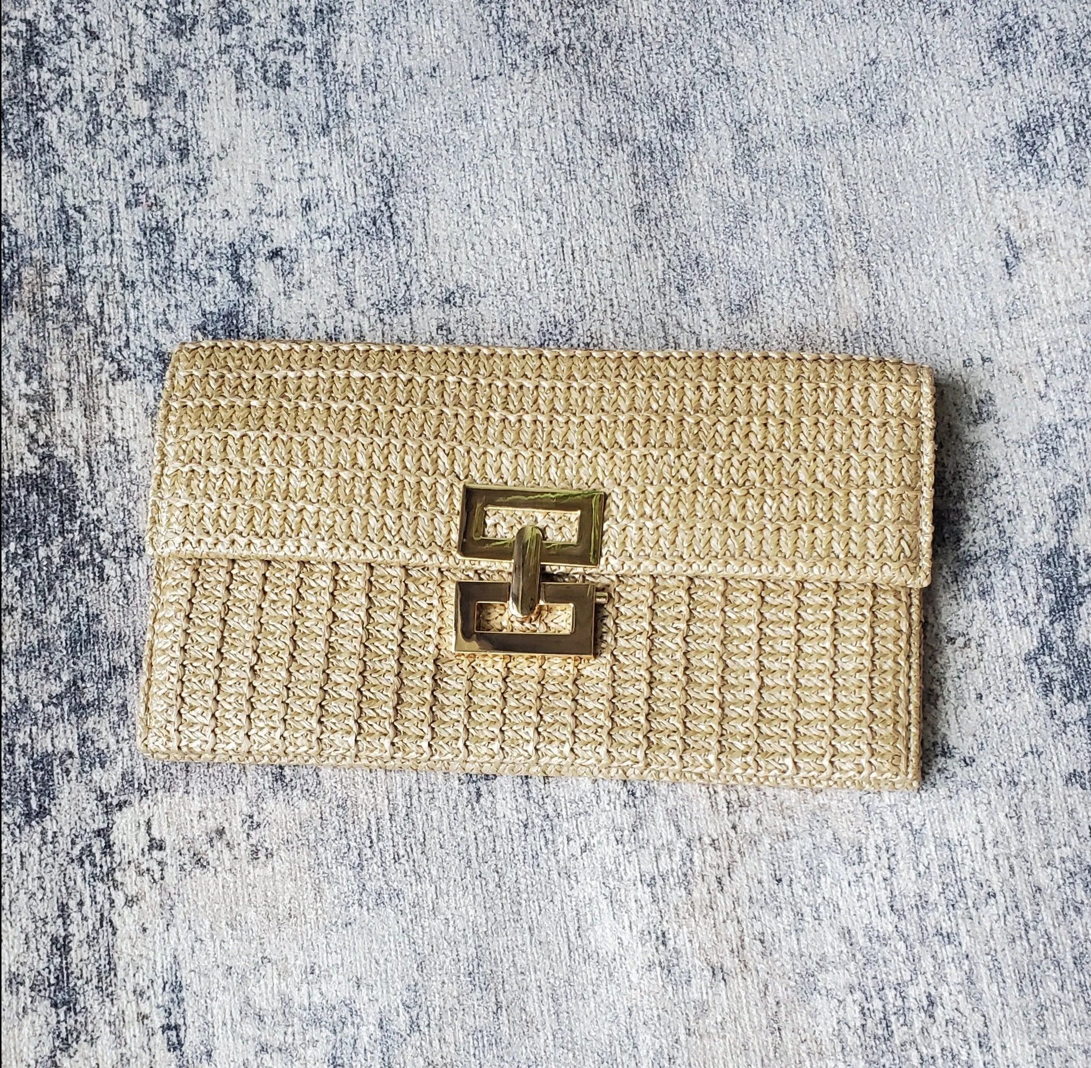 Beige Woven Metal Clasp Flap Handbag