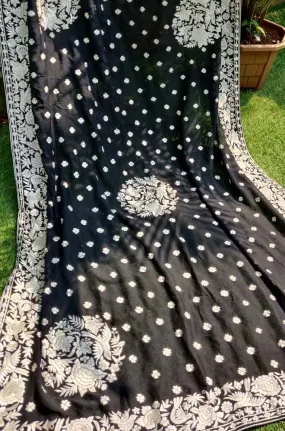 Black Hand Embroidered Parsi Gara Pure Georgette Dupatta