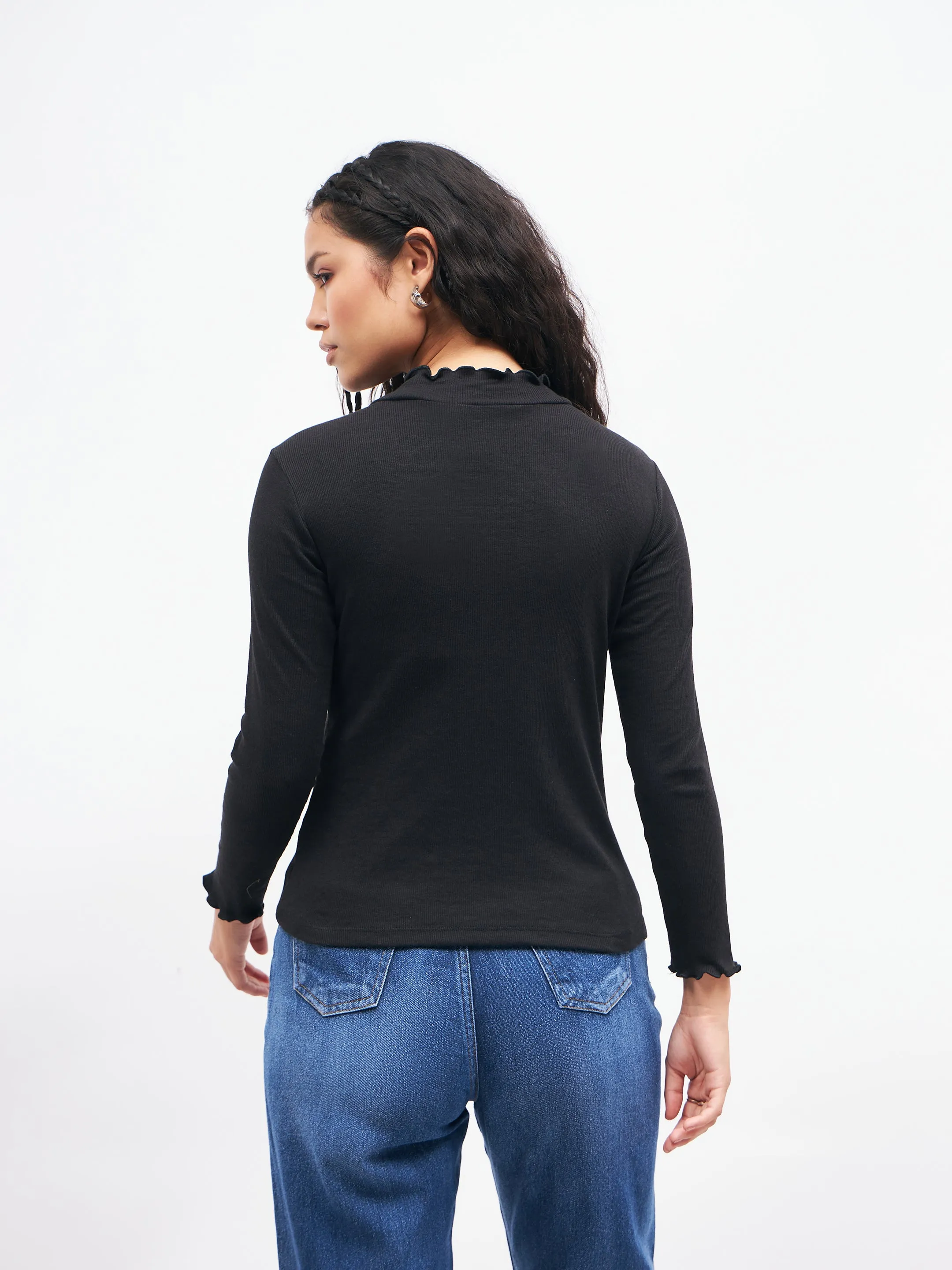 Black Rib High Neck Full Sleeve Top