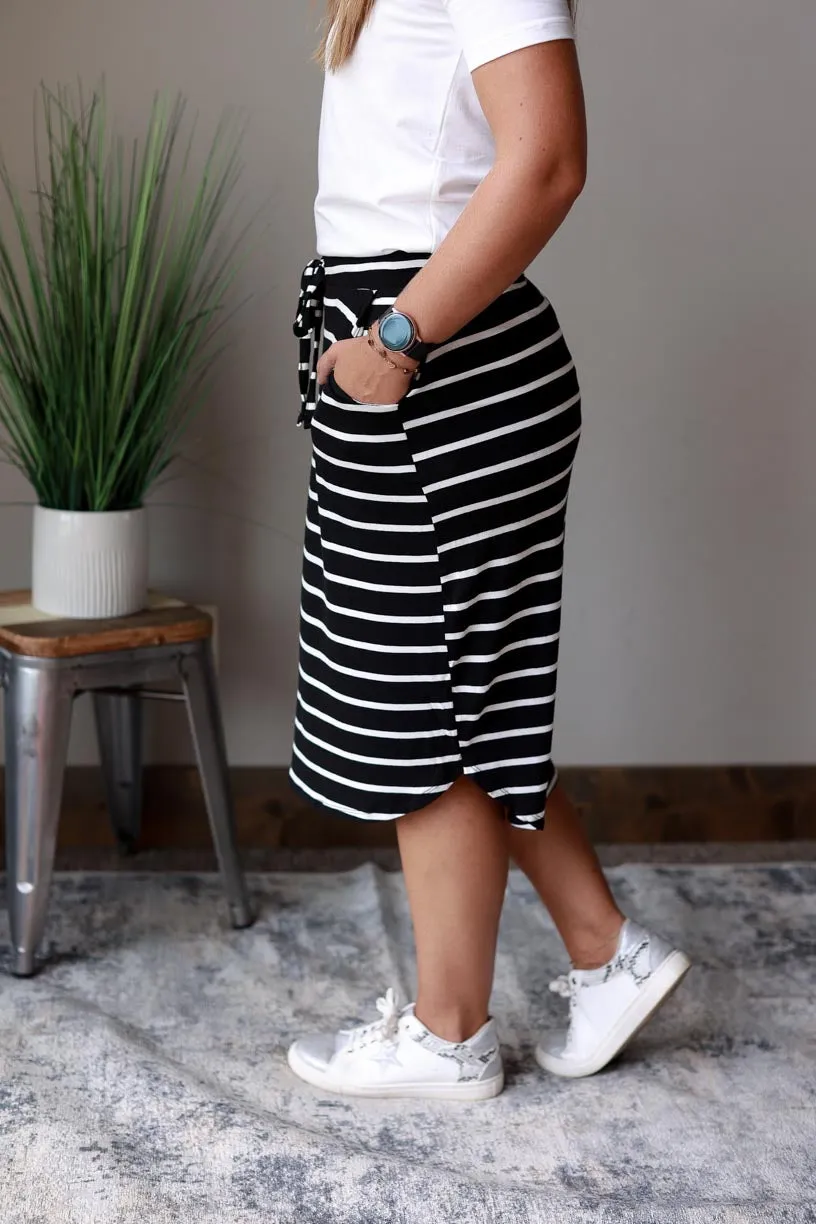 Black Stripe Drawstring Midi Skirt