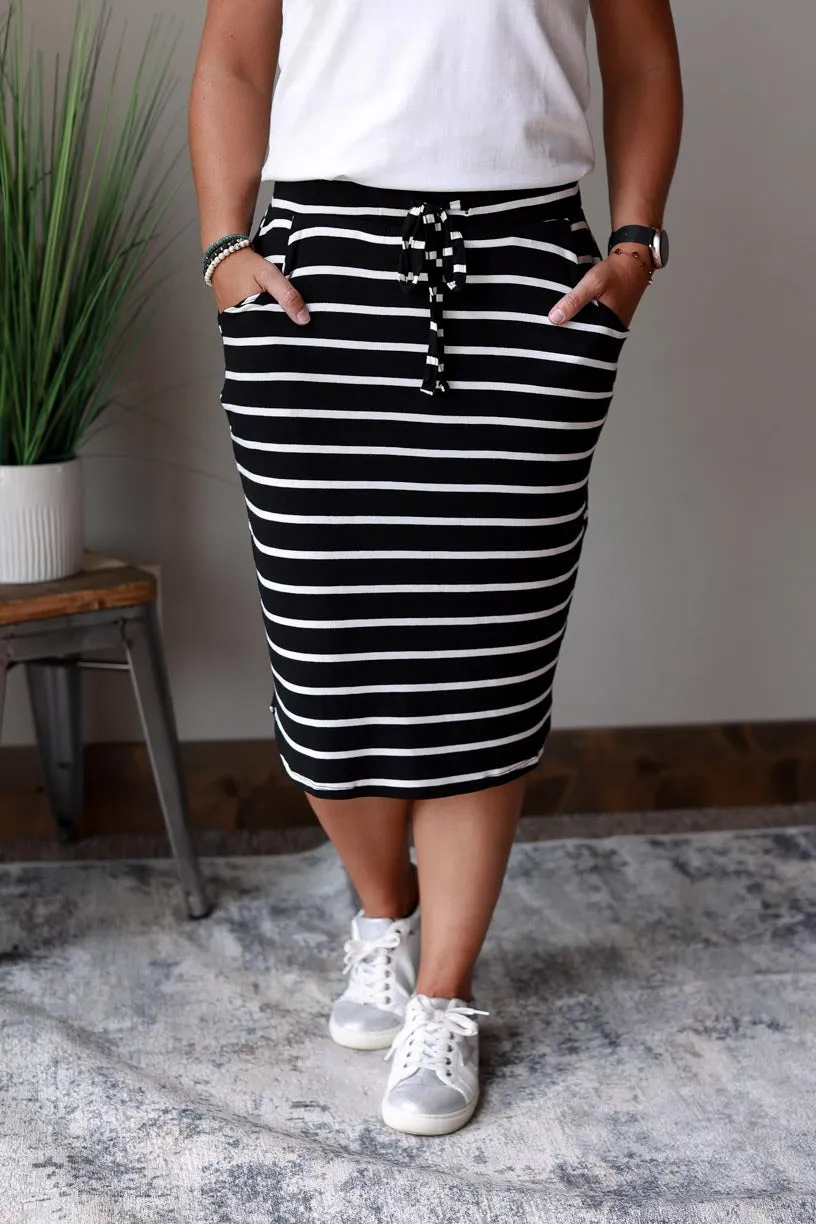 Black Stripe Drawstring Midi Skirt