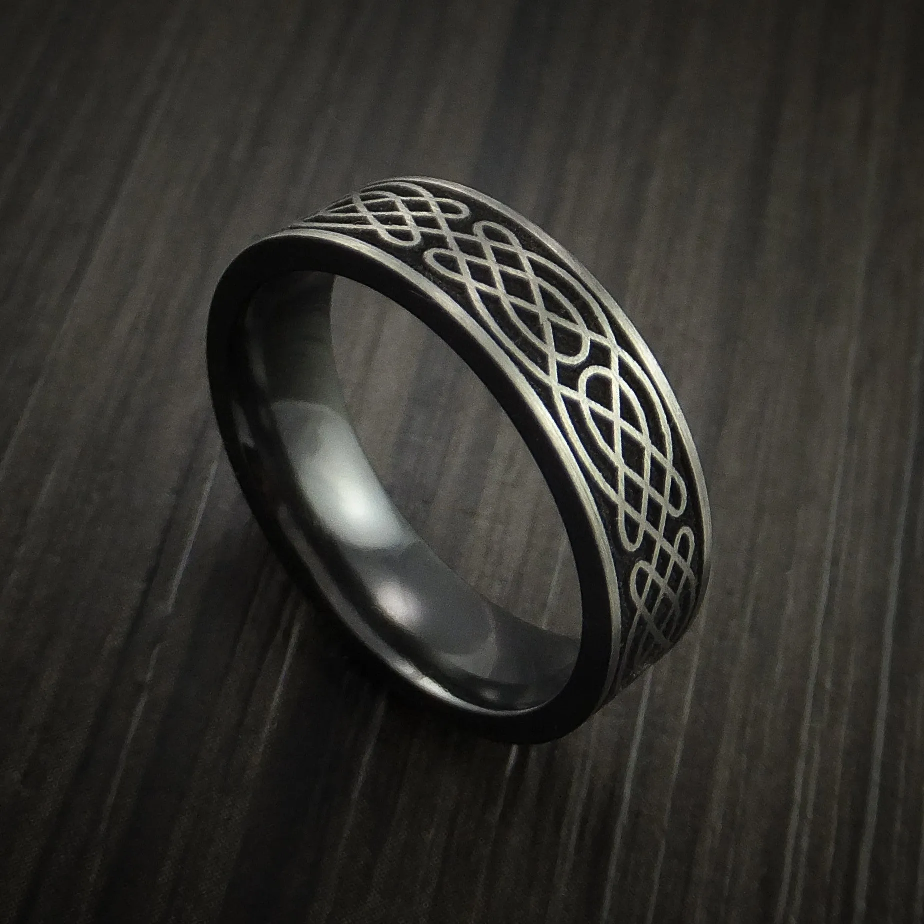 Black Zirconium Celtic Irish Knot Men's Ring Carved Pattern Design Band