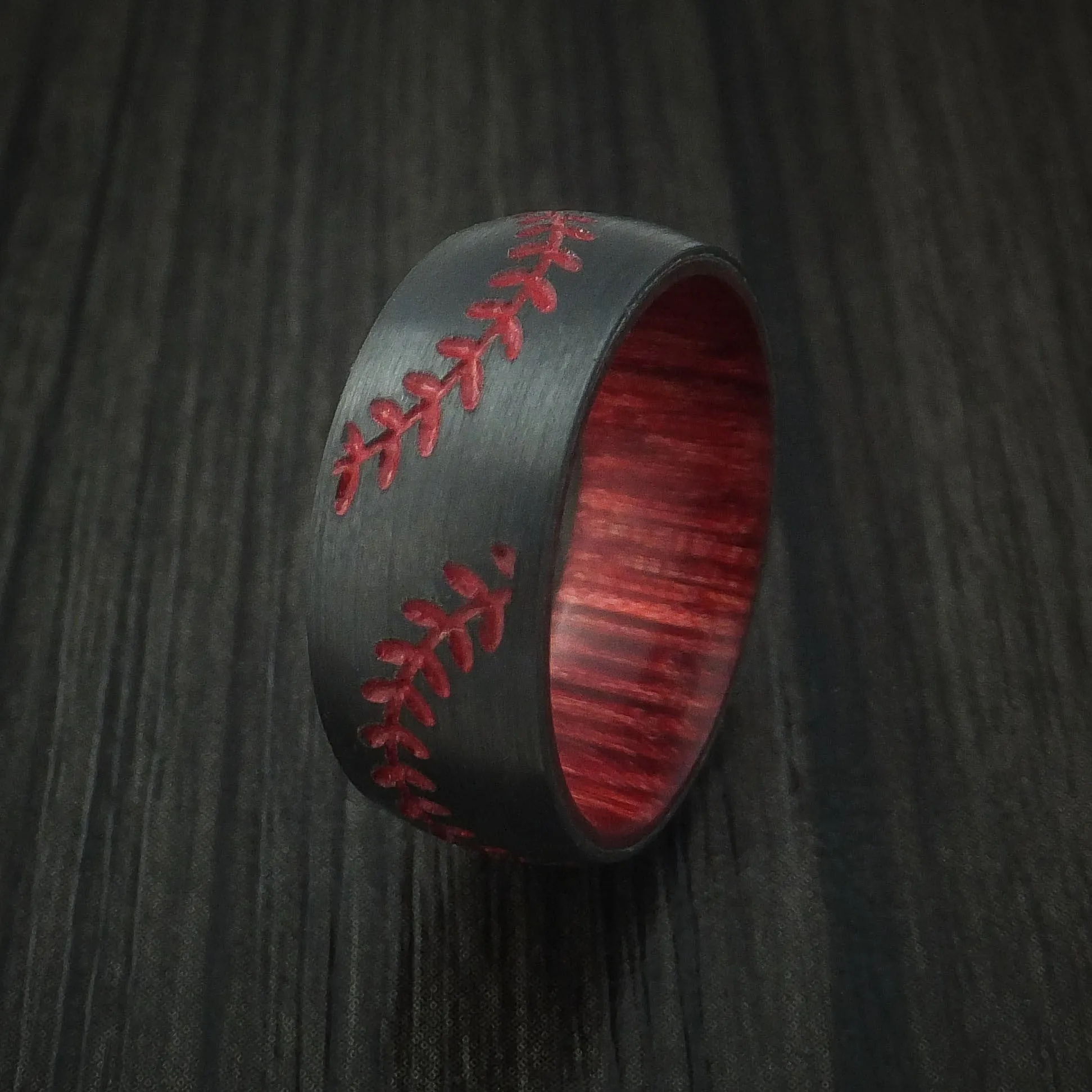 Black Zirconium Double Stitch Baseball Men's Ring with Custom Color and Hardwood Sleeve