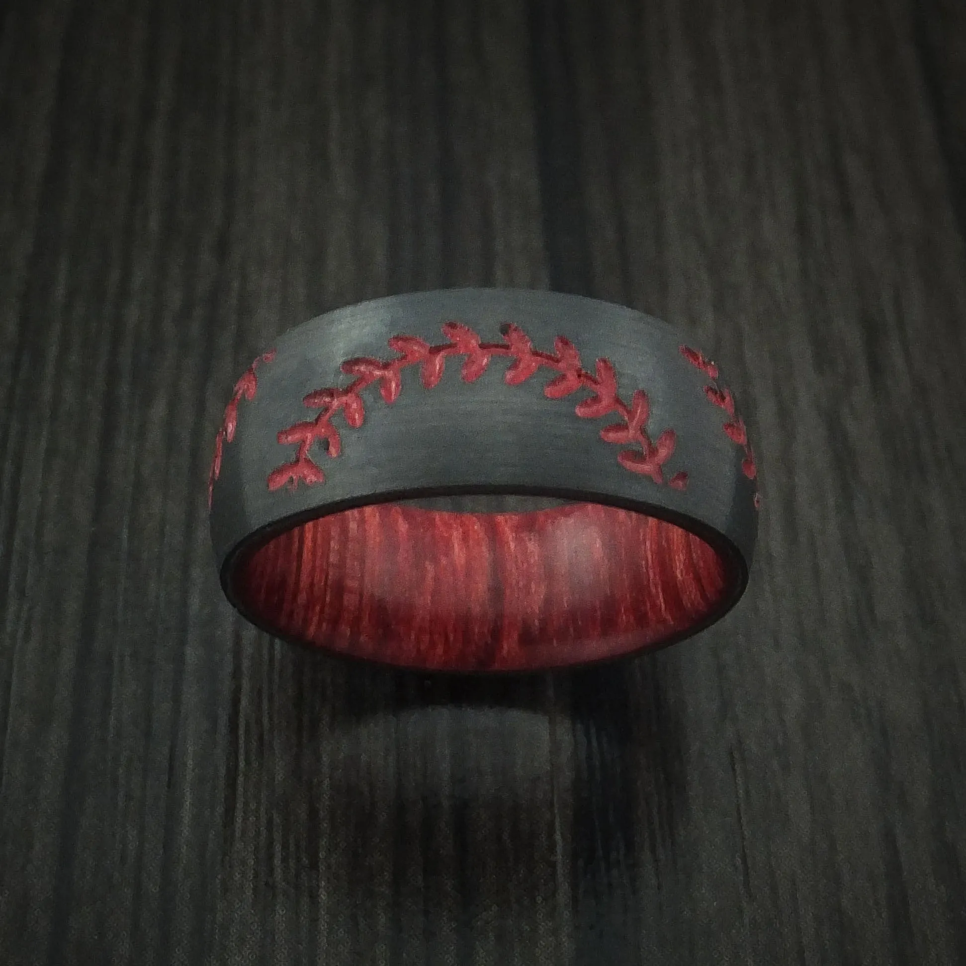 Black Zirconium Double Stitch Baseball Men's Ring with Custom Color and Hardwood Sleeve