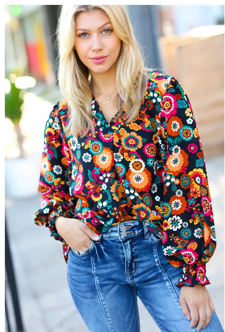 Black/Magenta Floral Ready For The Day Smocked Blouse