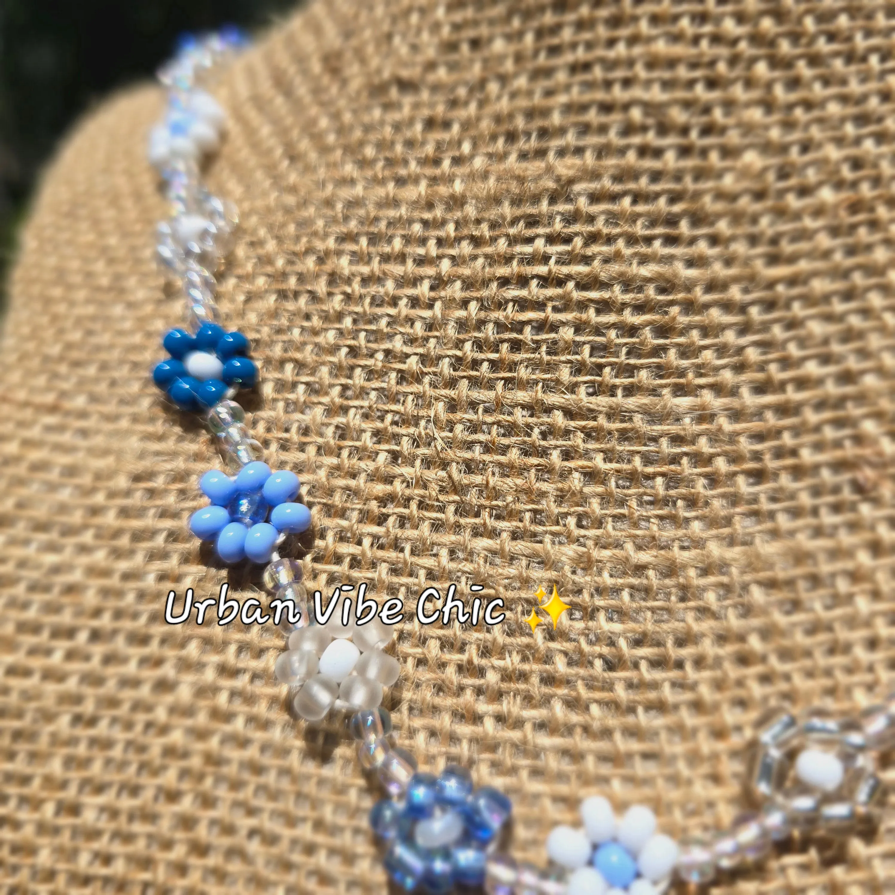 Blue & White Daisy Beaded Necklace |Flower Bead Bead Necklace | Urban Vibe Chic | Seed Bead Jewelry