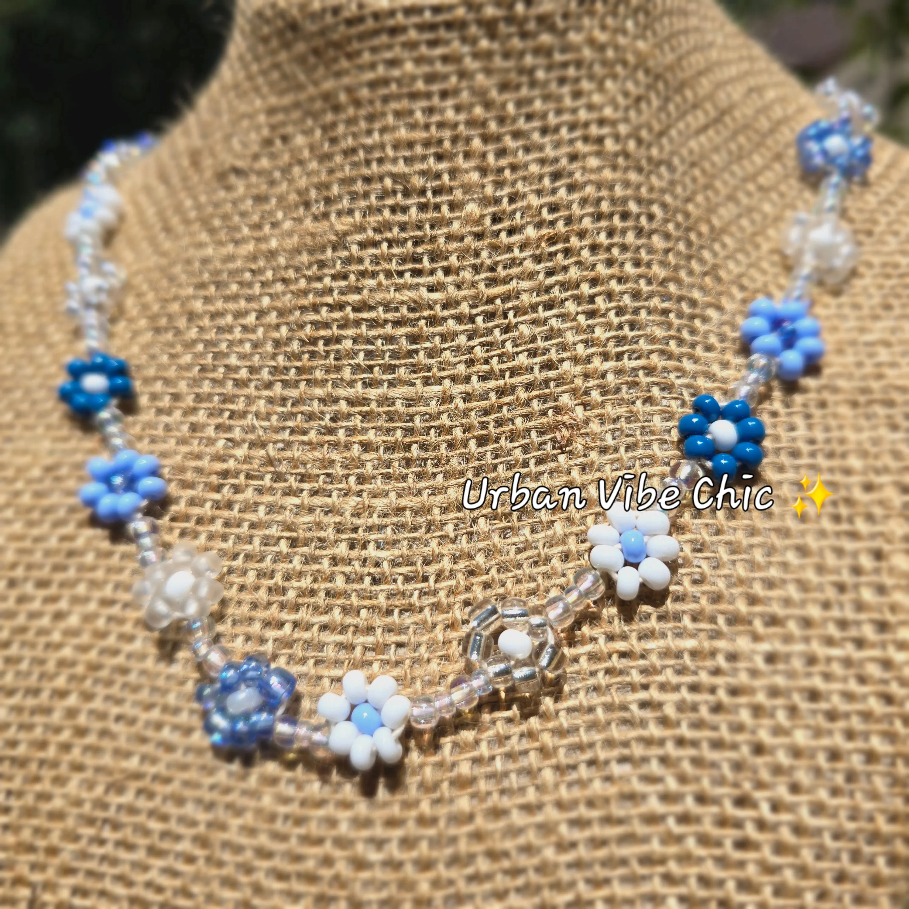 Blue & White Daisy Beaded Necklace |Flower Bead Bead Necklace | Urban Vibe Chic | Seed Bead Jewelry