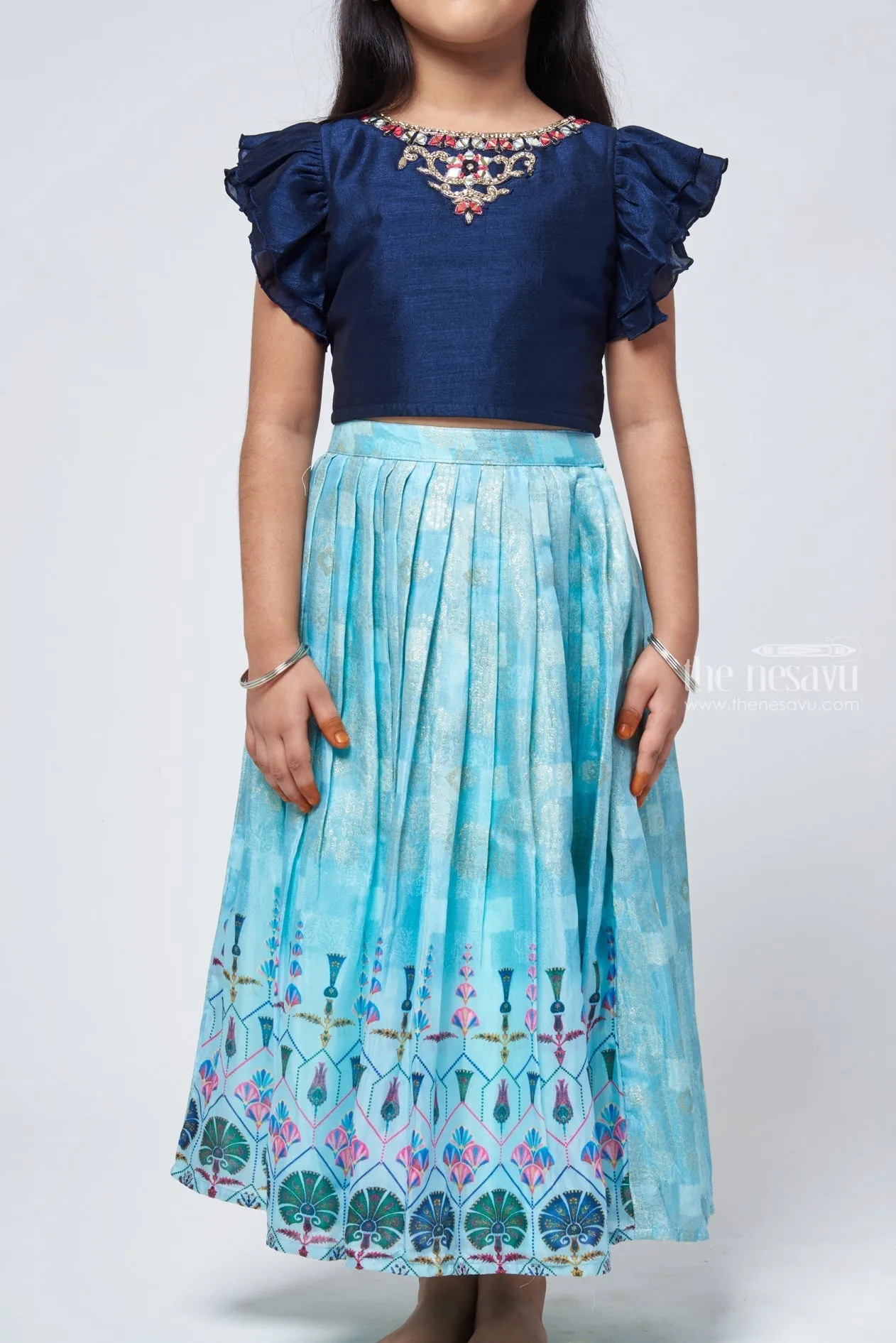 Blue Brilliance Jaquard Pleats in Chanderi Lehenga Gaghra for Young Starlets