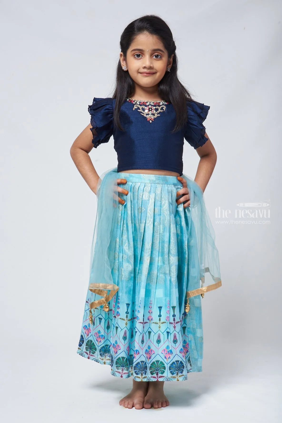 Blue Brilliance Jaquard Pleats in Chanderi Lehenga Gaghra for Young Starlets