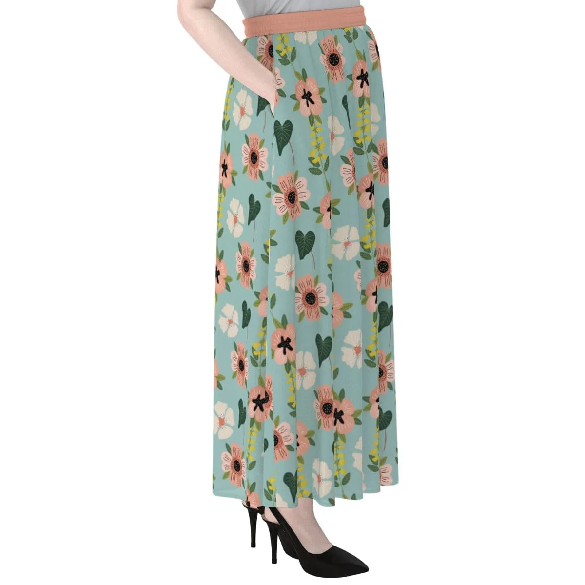 Blue Green Coral Floral - Women's Maxi Chiffon Skirts With Lining