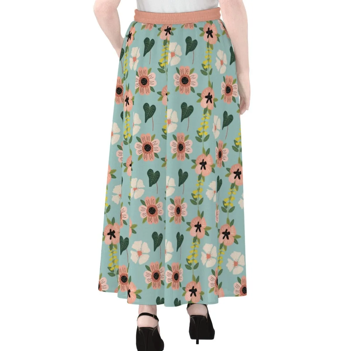 Blue Green Coral Floral - Women's Maxi Chiffon Skirts With Lining