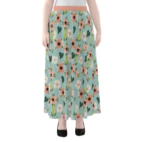 Blue Green Coral Floral - Women's Maxi Chiffon Skirts With Lining