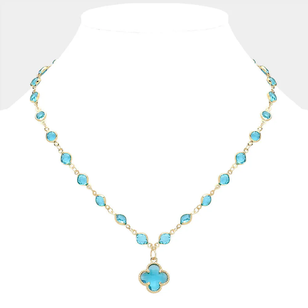 Blue Quatrefoil Pendant Pointed Rhinestone Bezel Station Necklace