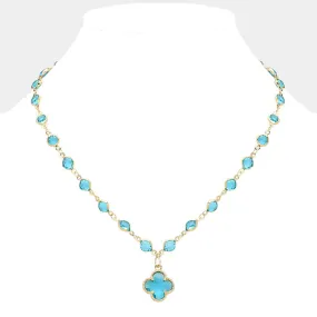 Blue Quatrefoil Pendant Pointed Rhinestone Bezel Station Necklace