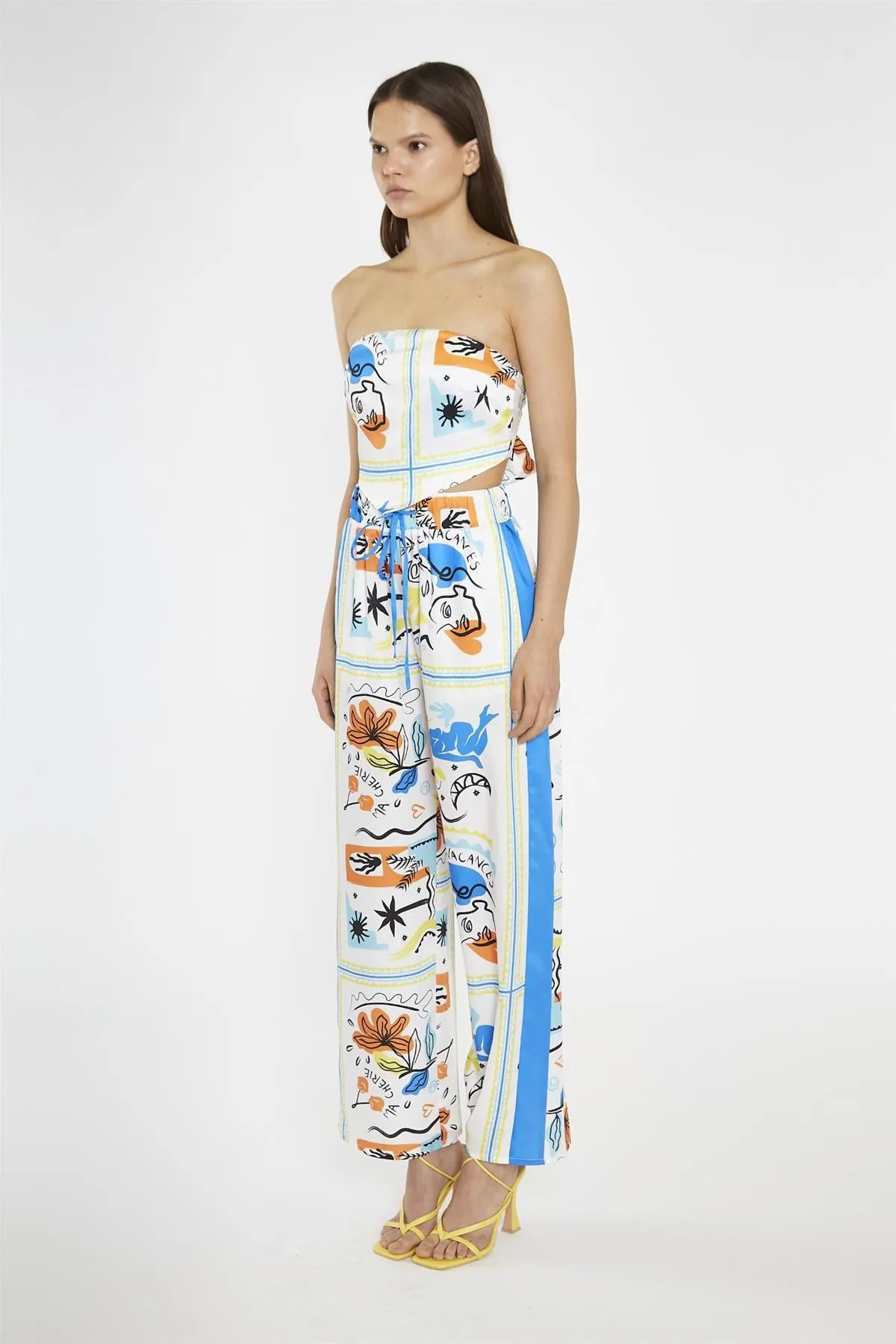 Blue Scarf-Print Contrast Stripe Wide-Leg-Trousers