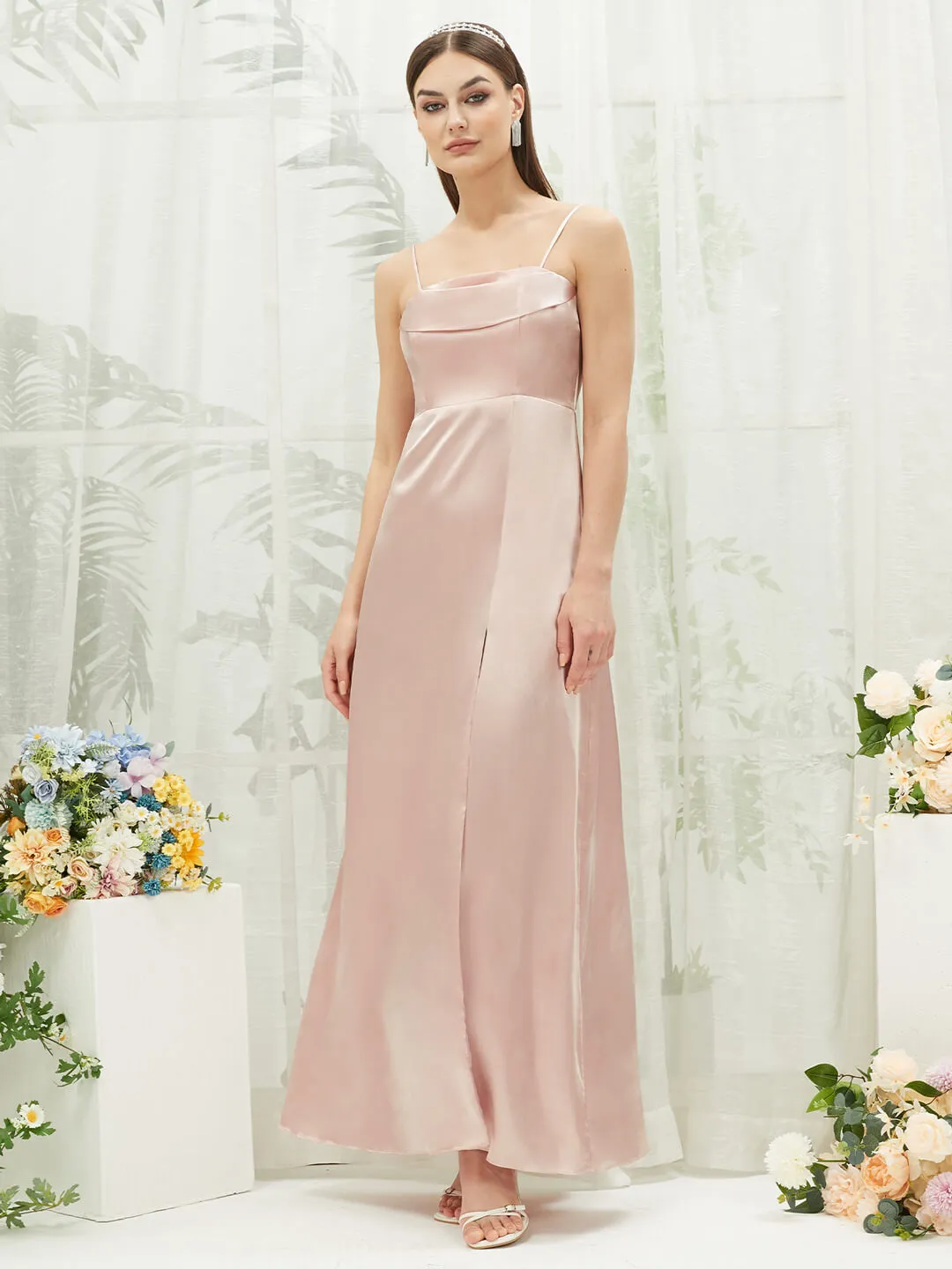 Blush Satin Convertible Slit Floor Length  Bridesmaid Dresses