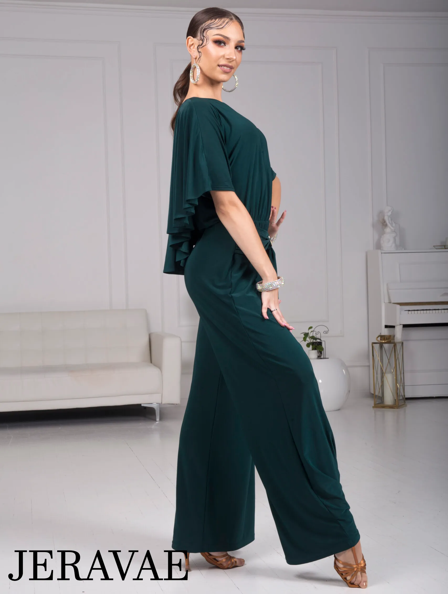 Body Positive Senga Dancewear BOLERO Bottle Green Jumpsuit with Ruffle Cape, Wide Leg Pants, and Tie Detail Sizes XL-4XL PRA 984 in Stock