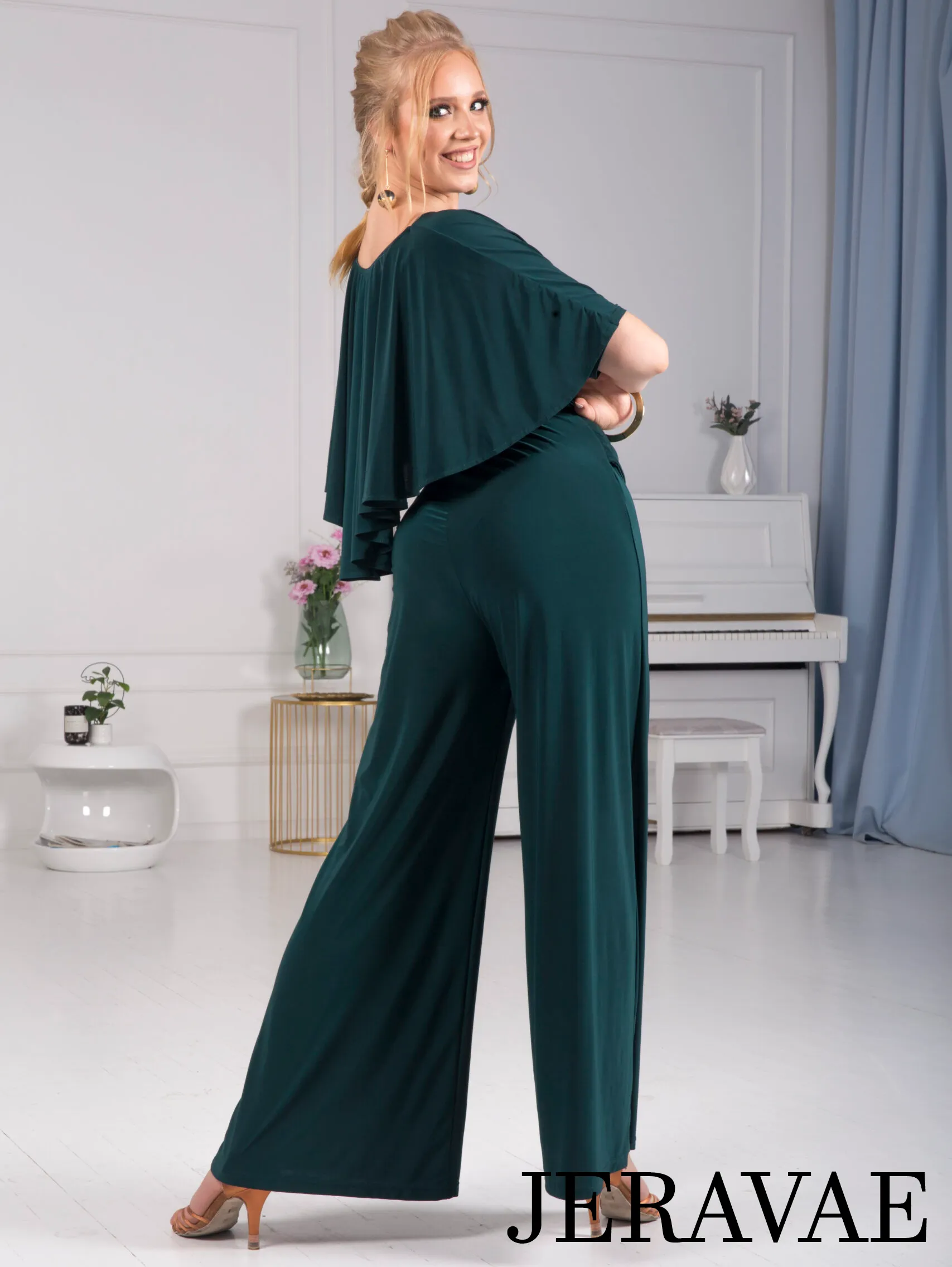 Body Positive Senga Dancewear BOLERO Bottle Green Jumpsuit with Ruffle Cape, Wide Leg Pants, and Tie Detail Sizes XL-4XL PRA 984 in Stock