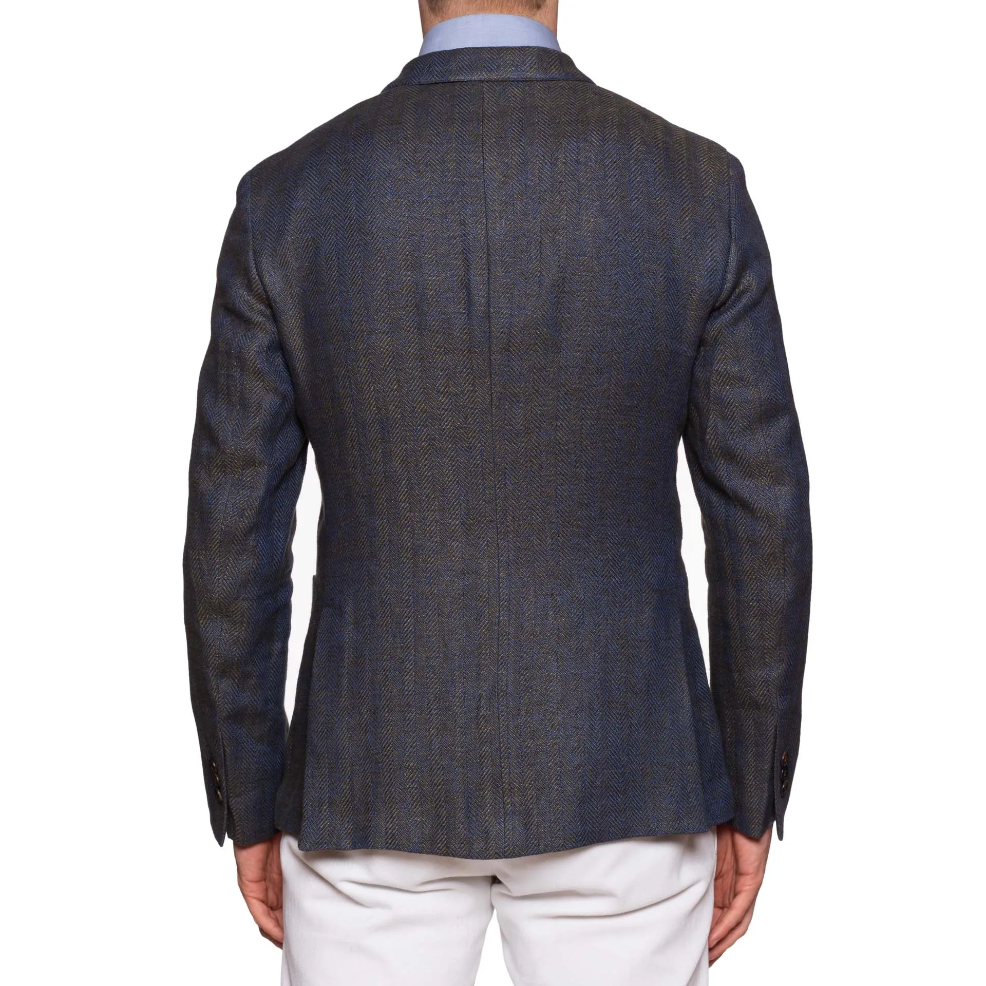 BOGLIOLI Milano "Dover" Blue Herringbone Linen-Cotton Unlined Jacket 48 NEW 38