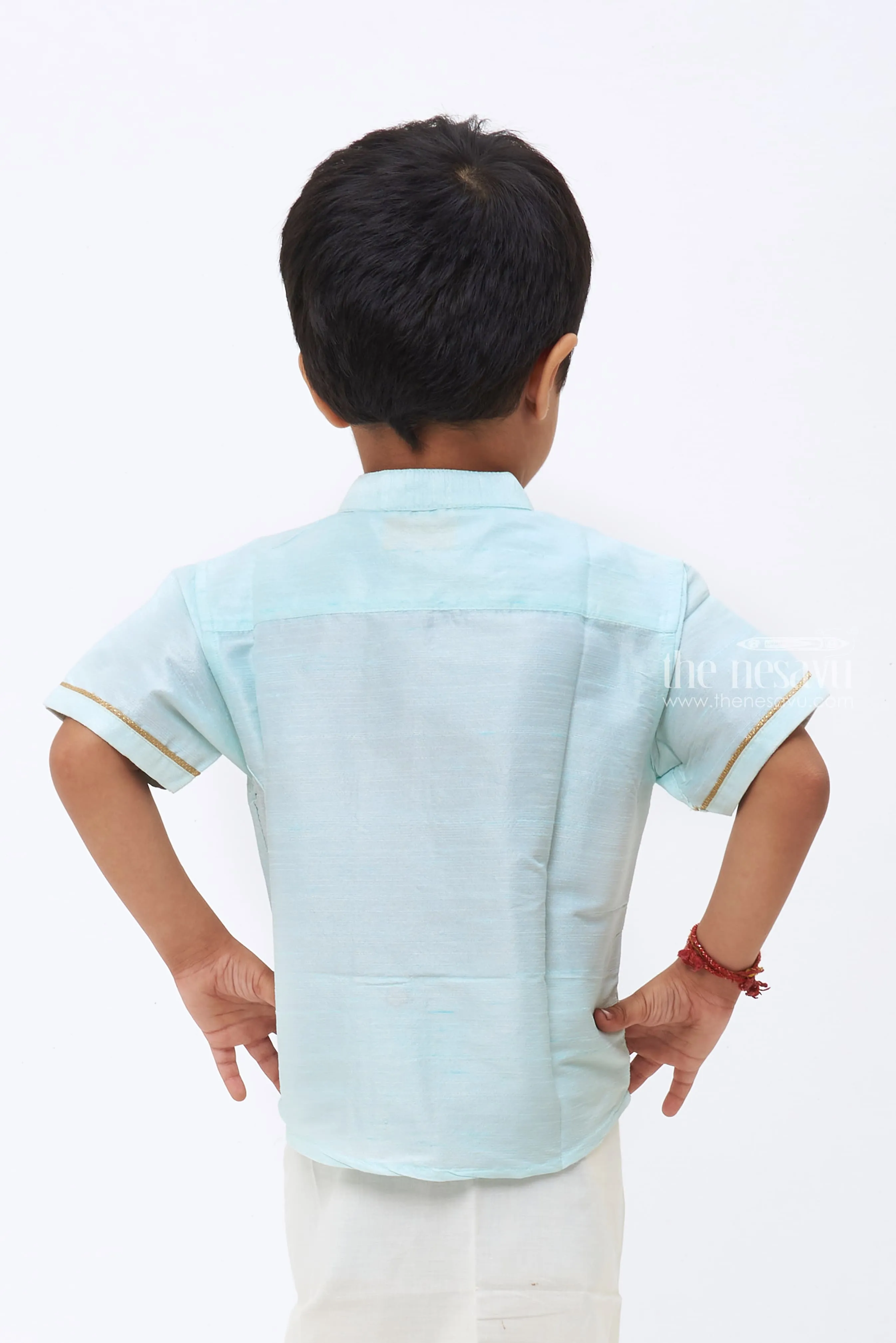 Boys Exclusive Ice Blue Silk Ensemble with Gleaming Honey Bee Emblem