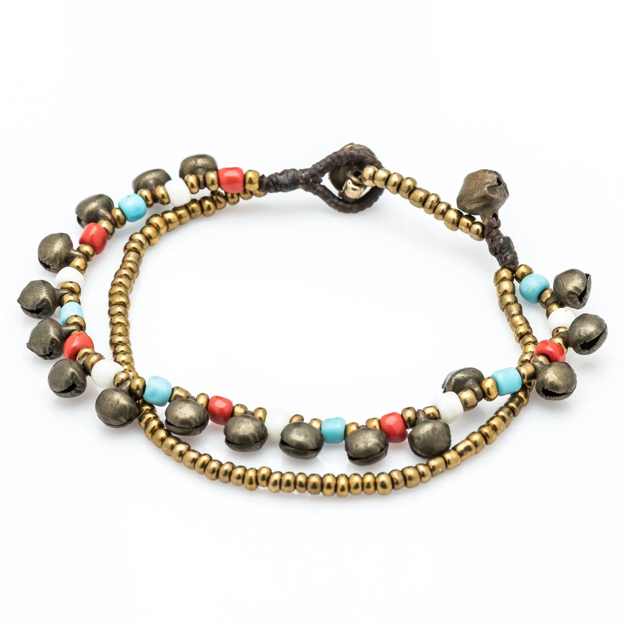 Brass Bell And Multi Bead Double Strand Bracelets