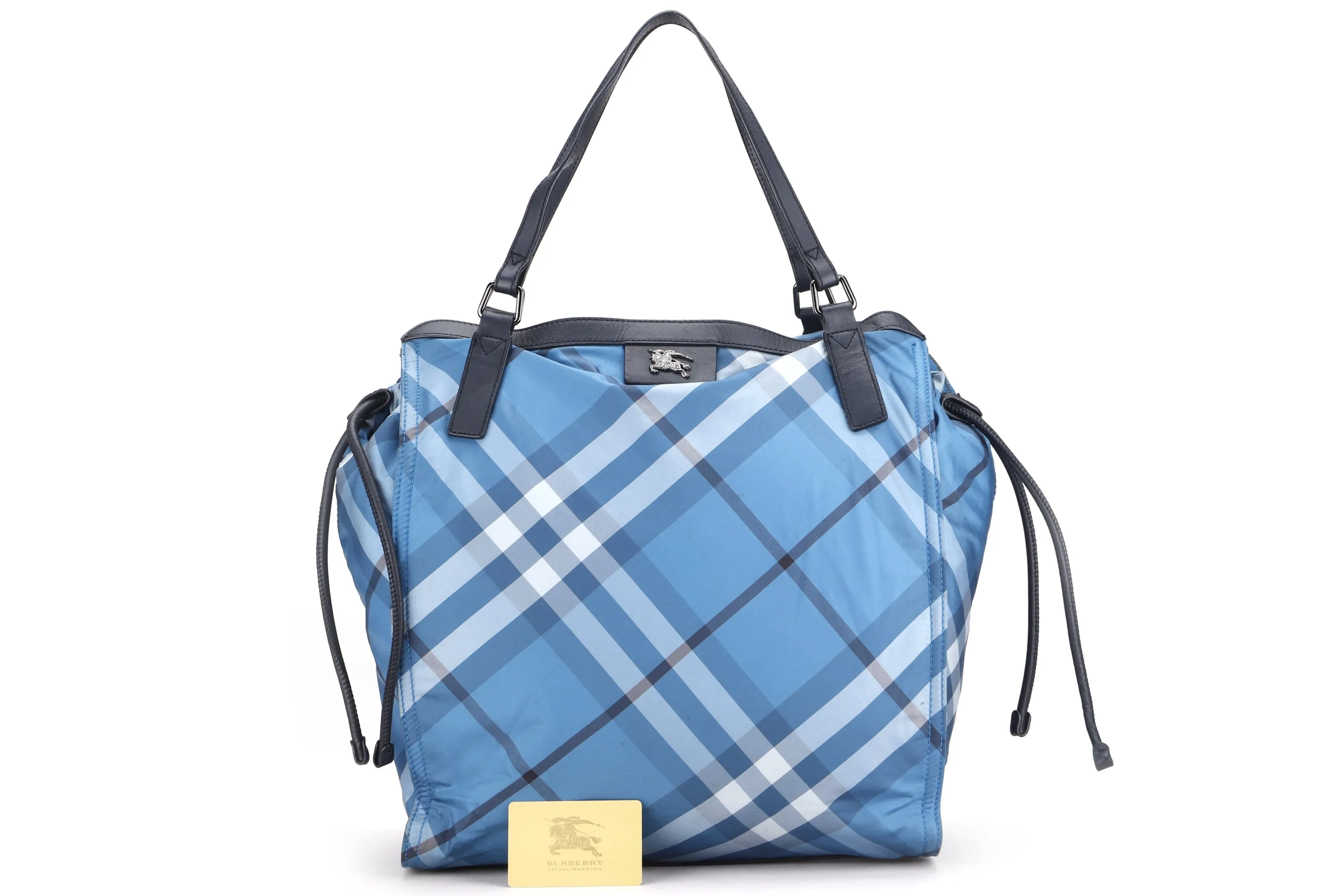 BURBERRY BUCKLEIGH BLUE NYLON CHECK TOTE BAG, SILVER HARDWARE, WITH CARD, NO DUST COVER