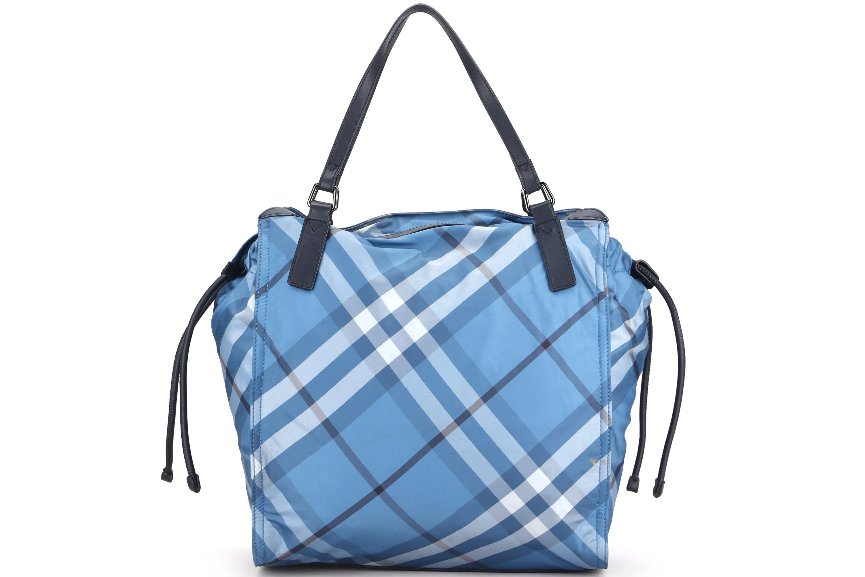 BURBERRY BUCKLEIGH BLUE NYLON CHECK TOTE BAG, SILVER HARDWARE, WITH CARD, NO DUST COVER