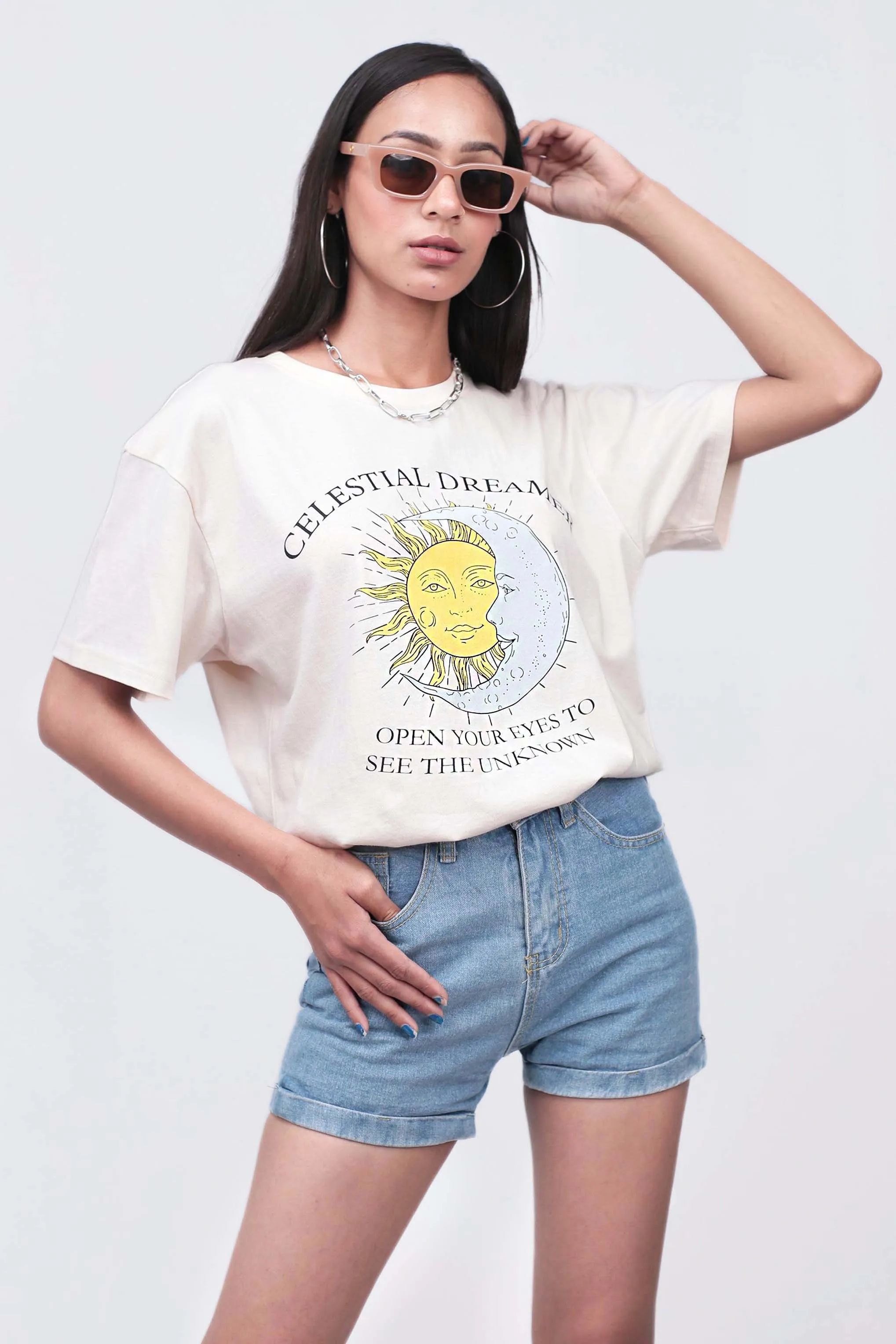 Celestial Dreamer Beige Oversized Tee