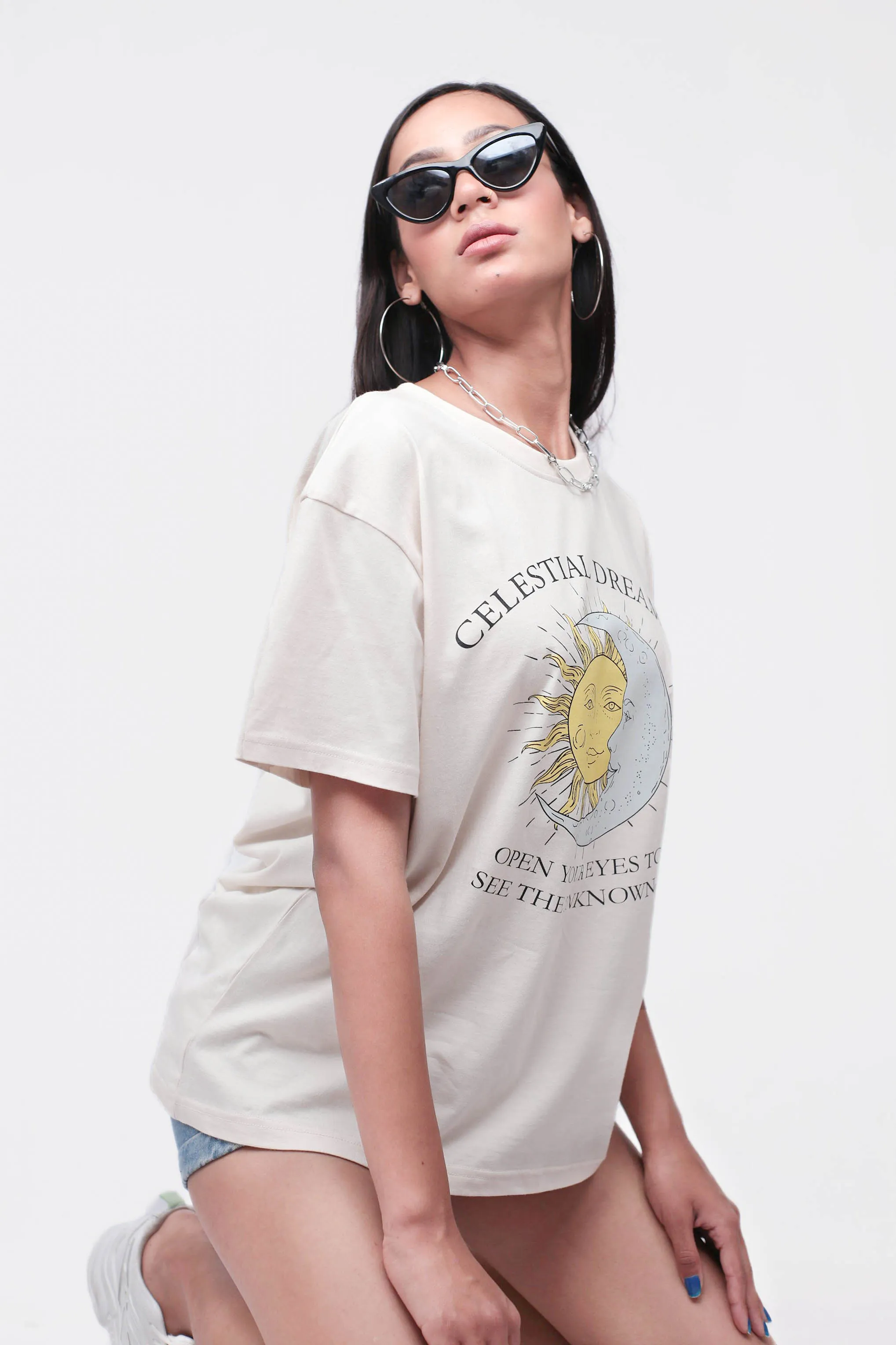 Celestial Dreamer Beige Oversized Tee