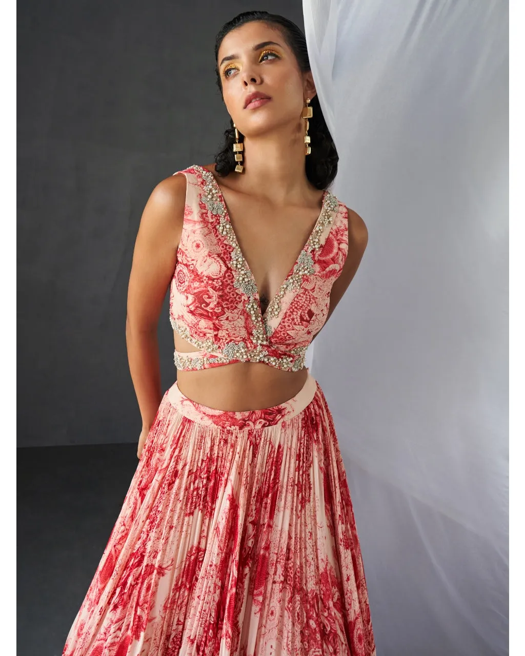 Champagne Red Blossom Print Skirt Set