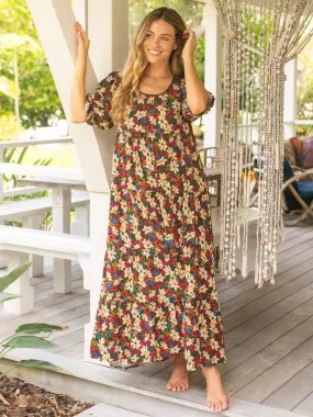 Collette Tiered Maxi Dress - Green White Lilies