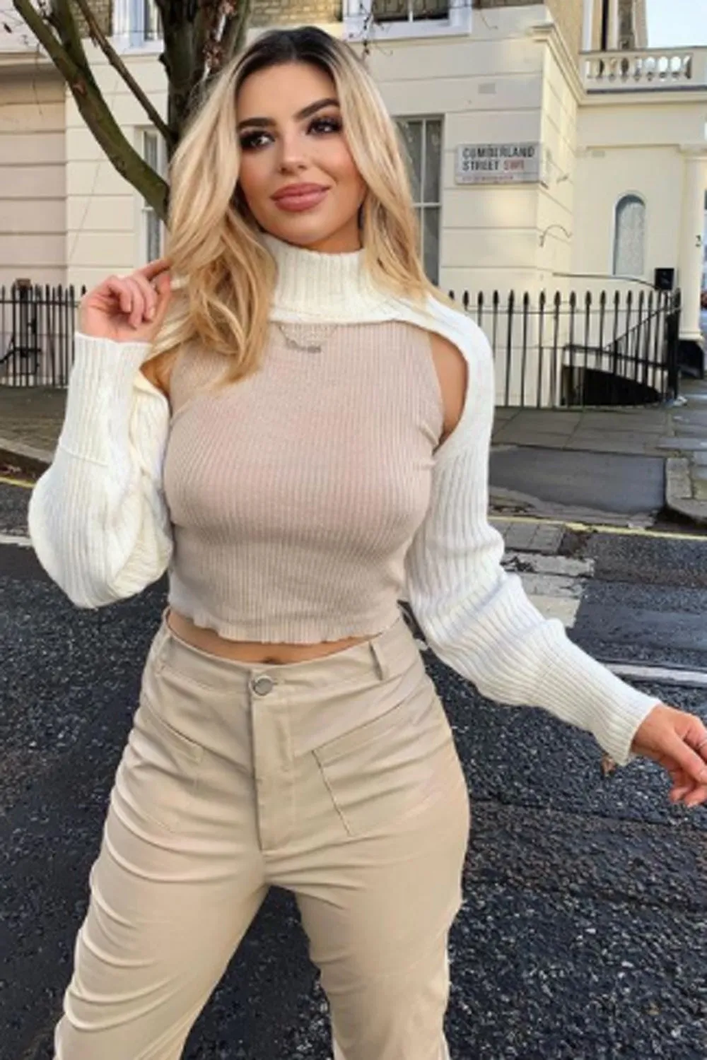 Cream Extreme Crop Roll Neck Knitted Long Sleeve Top