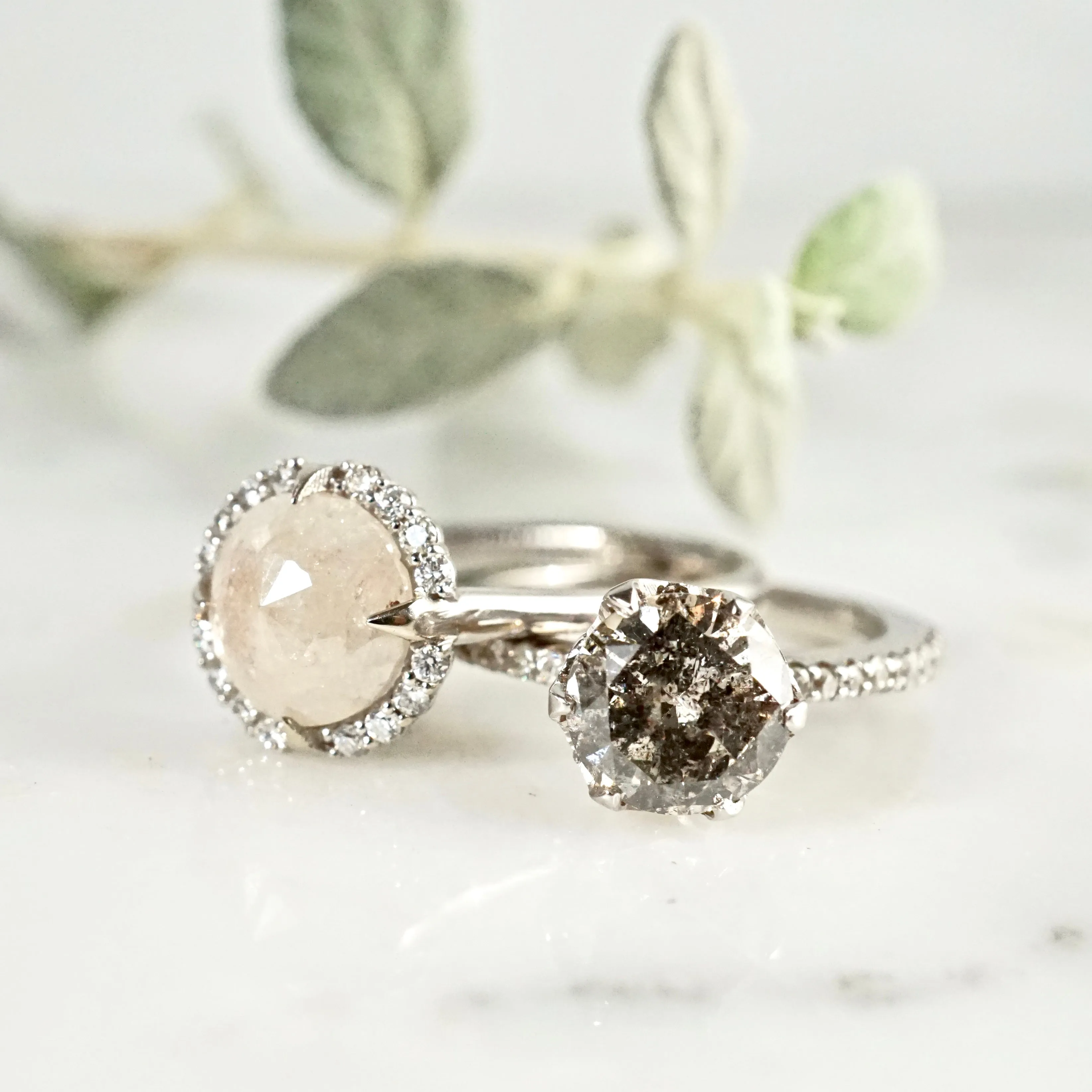 Cream Rose cut Diamond Engagement Ring, Grey Diamond Halo Compass Ring