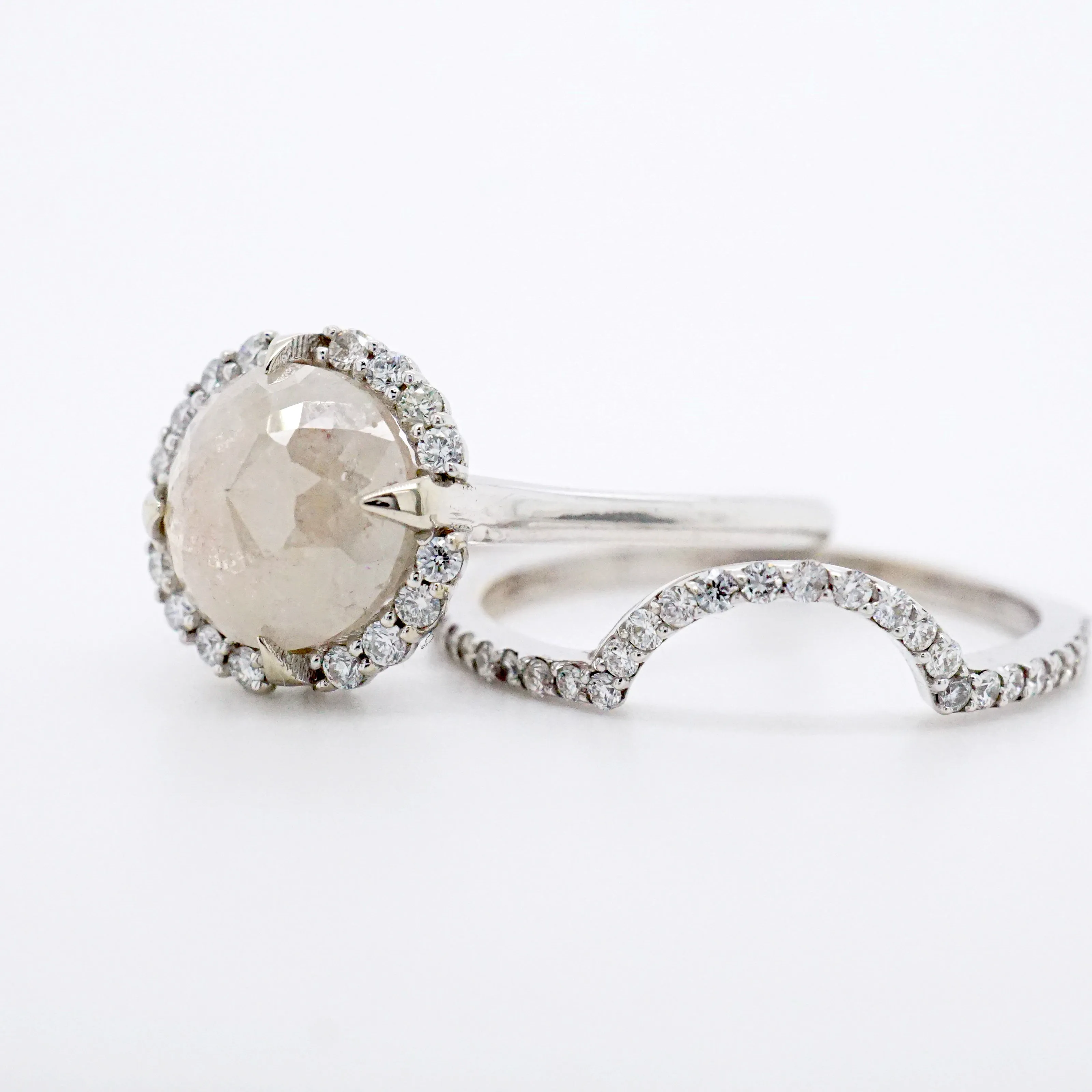 Cream Rose cut Diamond Engagement Ring, Grey Diamond Halo Compass Ring