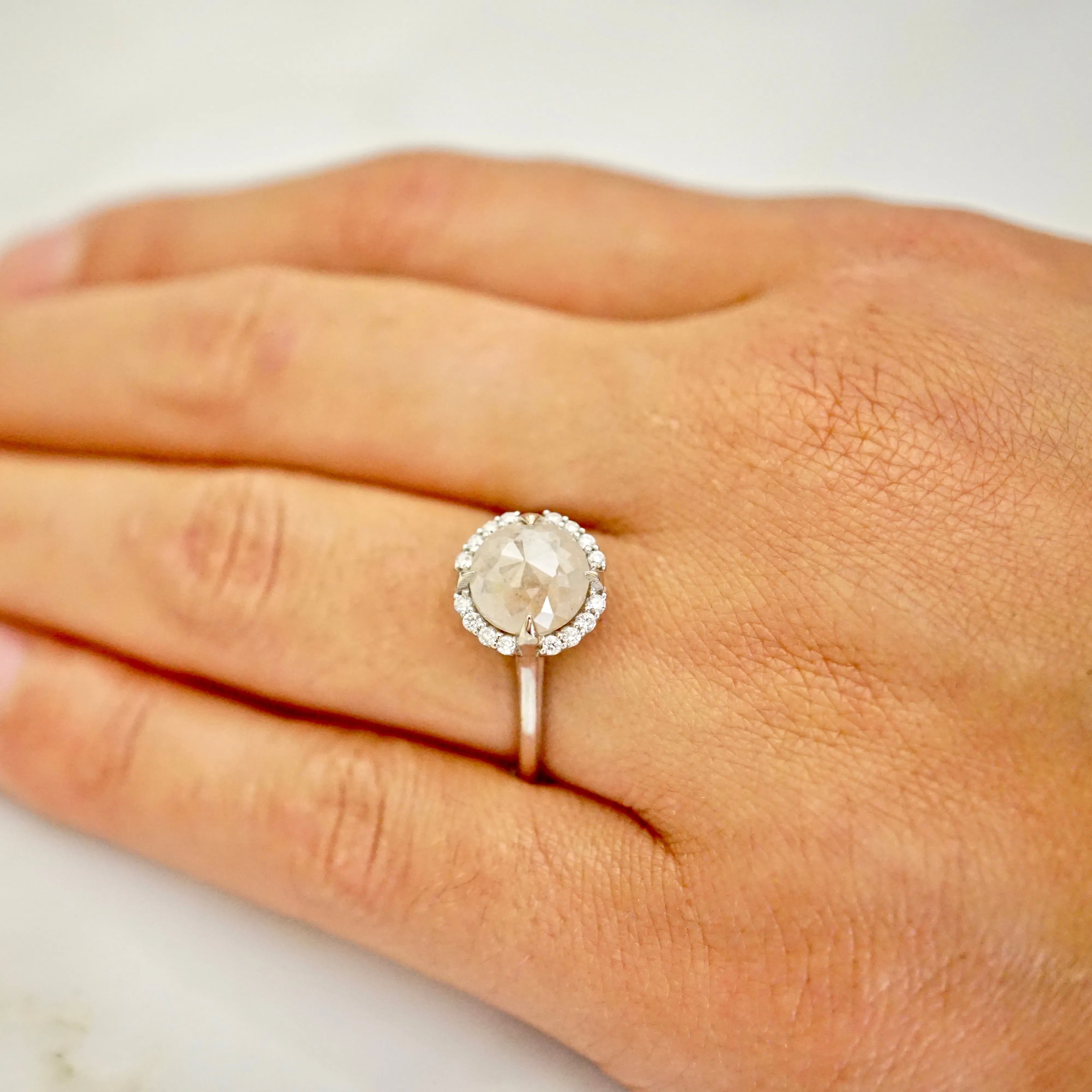 Cream Rose cut Diamond Engagement Ring, Grey Diamond Halo Compass Ring