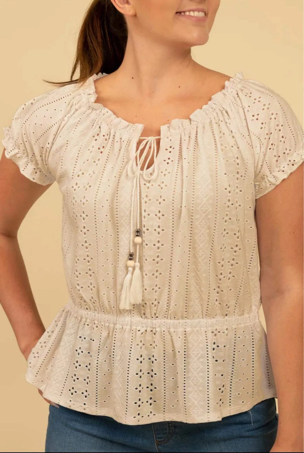 Cream Scoop Neck Eyelet Peplum Top