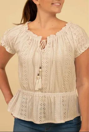 Cream Scoop Neck Eyelet Peplum Top