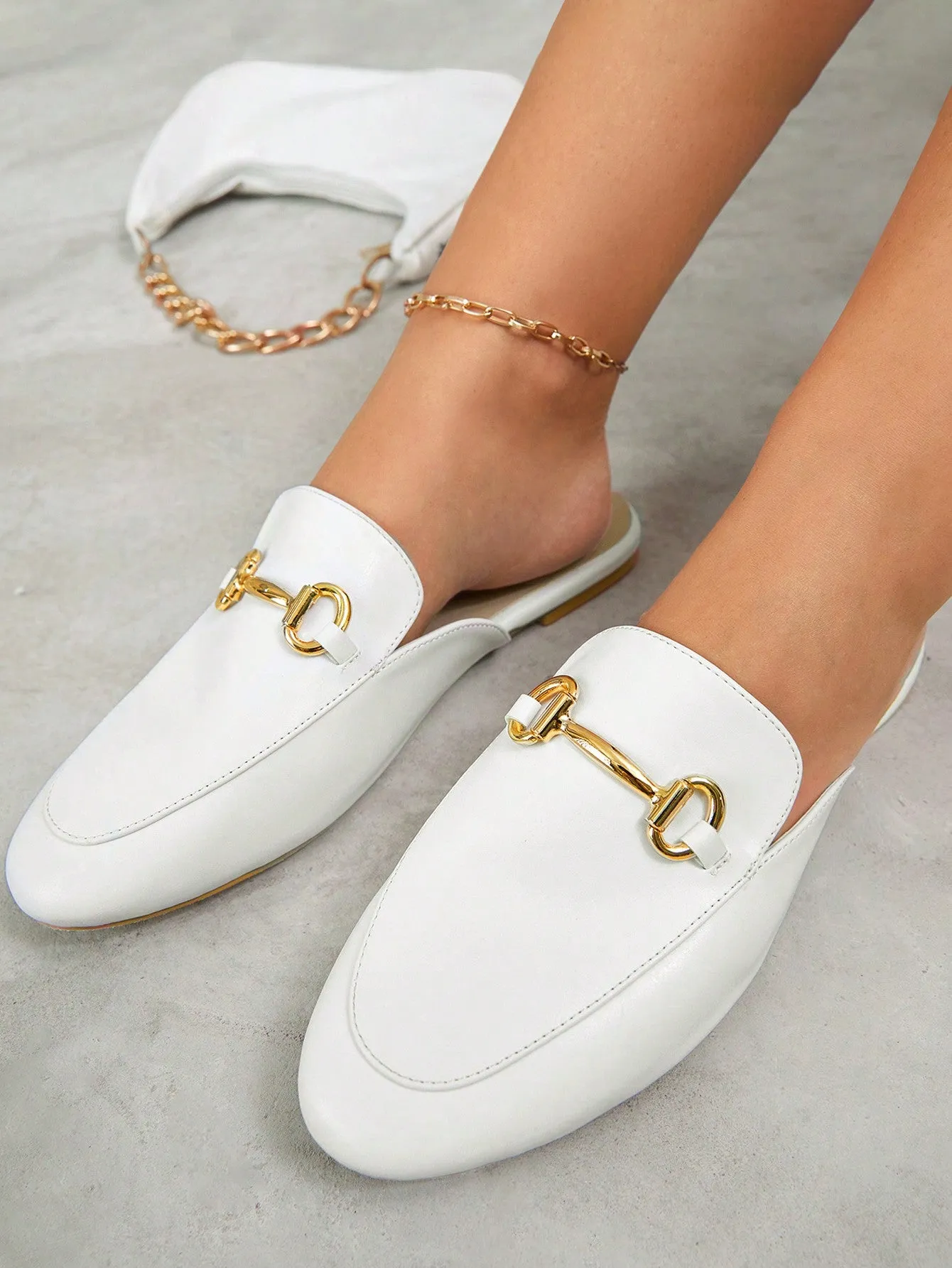 CUCCOO BIZCHIC Women Shoes Fashion Point Toe Metal Decor Buckle White Loafers Flat Shoes For Summer Vacation Shoes Summer Sale