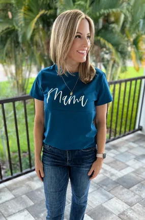 Cursive "Mama" Nursing T-Shirt - Blue