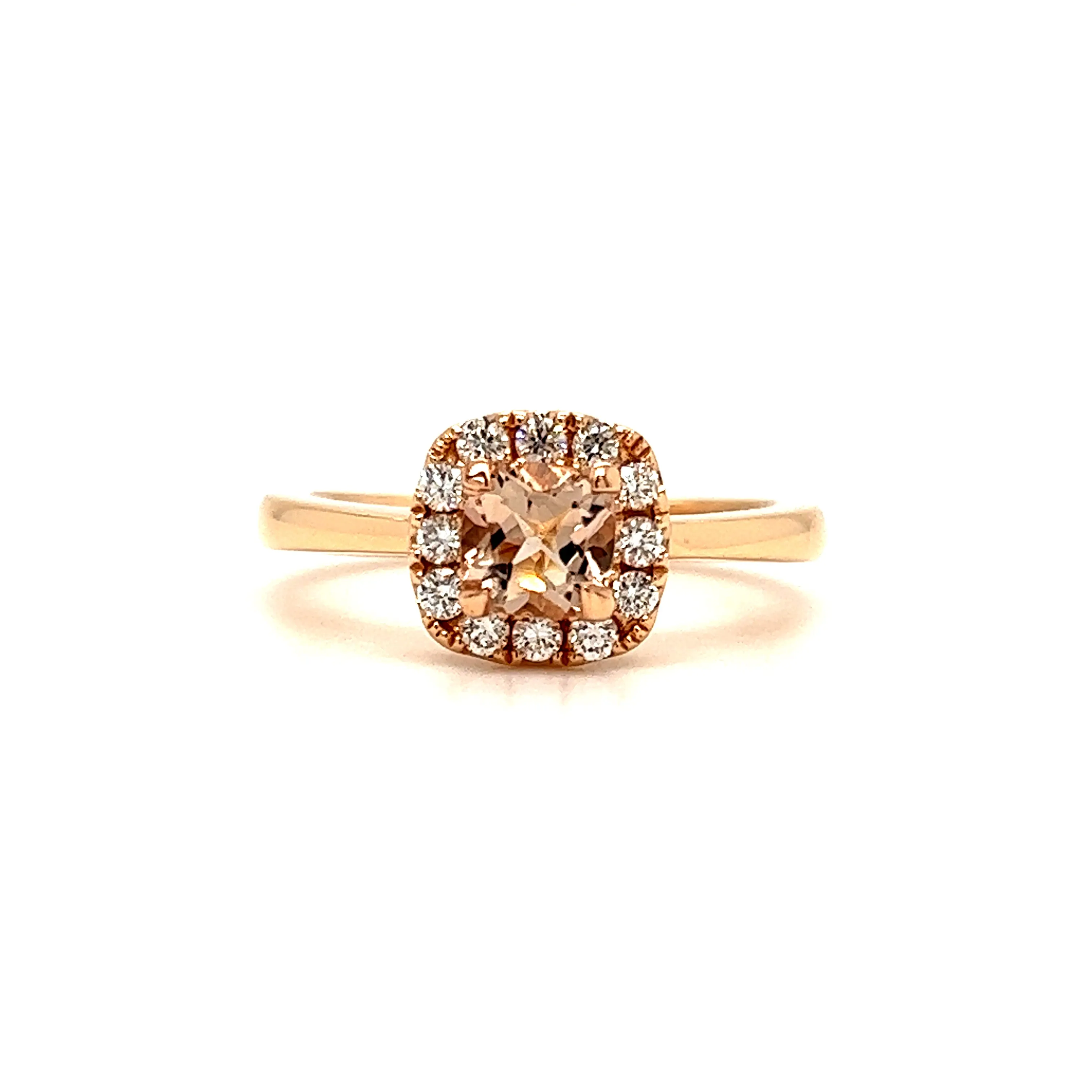 Cushion Morganite Ring with Diamond Halo in 14K Rose Gold