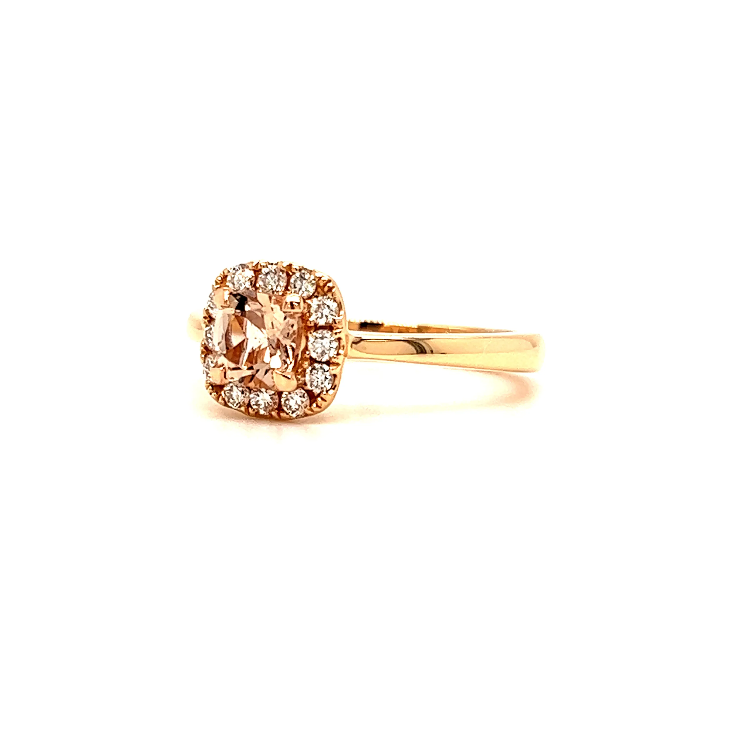 Cushion Morganite Ring with Diamond Halo in 14K Rose Gold