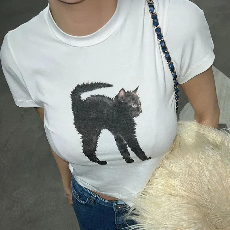 Cute Cat Crop Top - Casual Crewneck Slim Tee