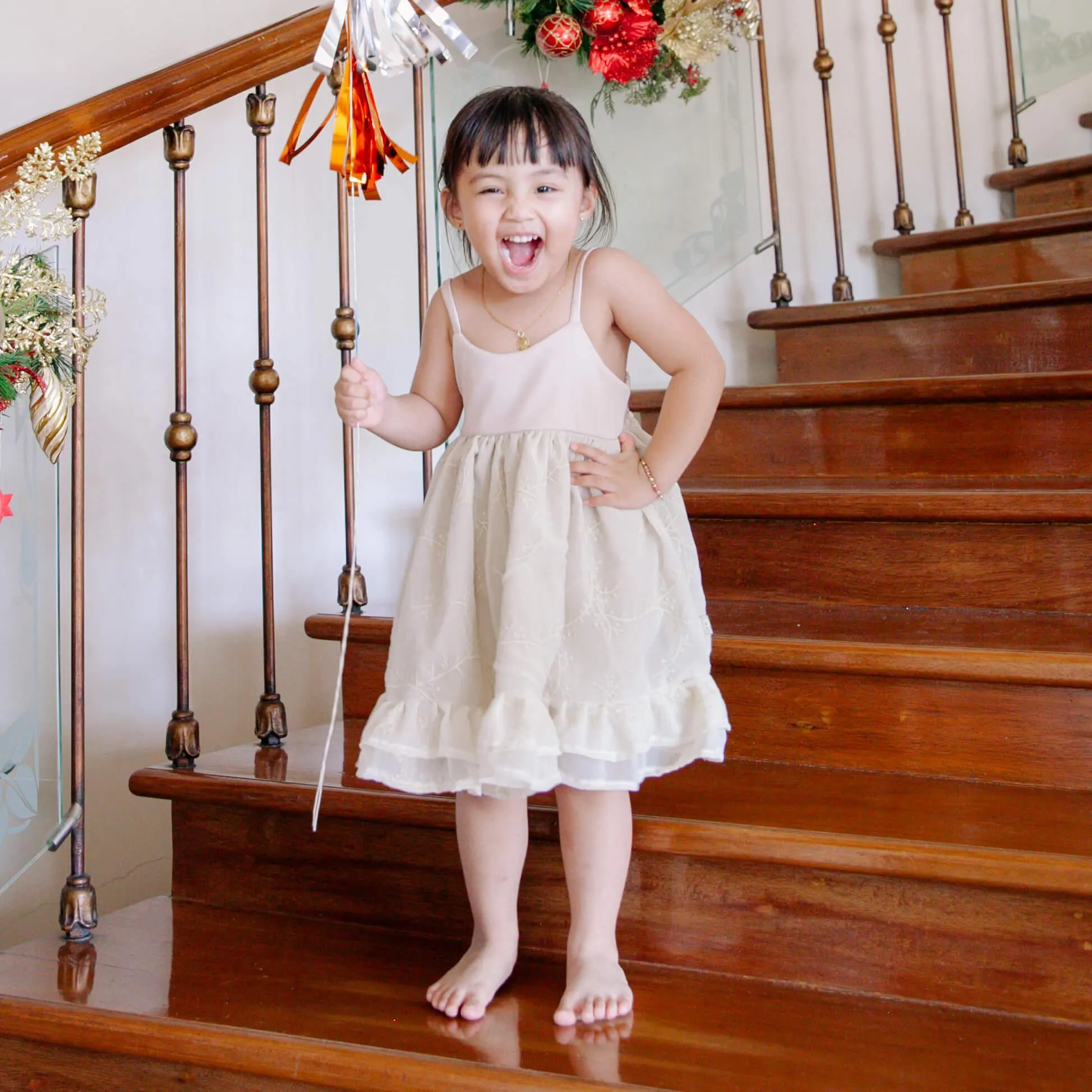 Dahlia Dress in White Flower Eyelet and Placid Blue Stripes Linen